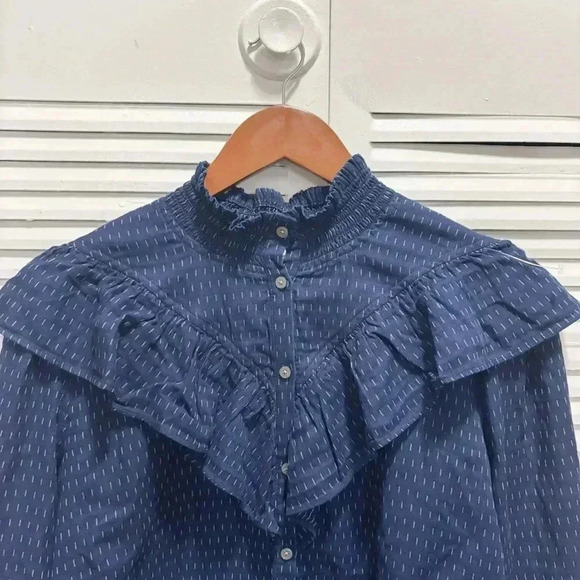 NWT LOFT Navy Blue White Pattern Cotton Long Sleeve Ruffle Button Up Blouse S - Picture 6 of 7
